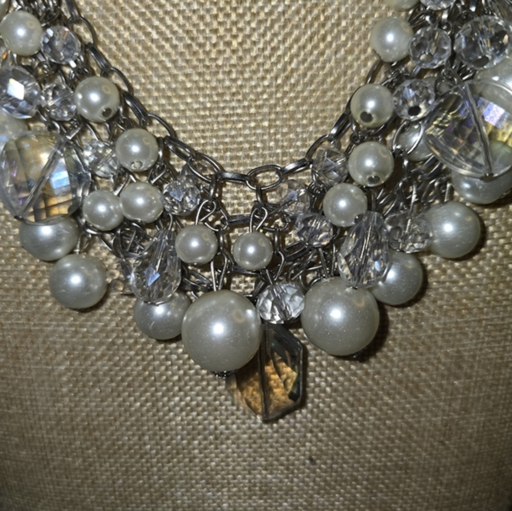 Treska Silver Faux Pearl and Iridescent Crystal Cluster Statement Bib Necklace - Picture 3 of 7